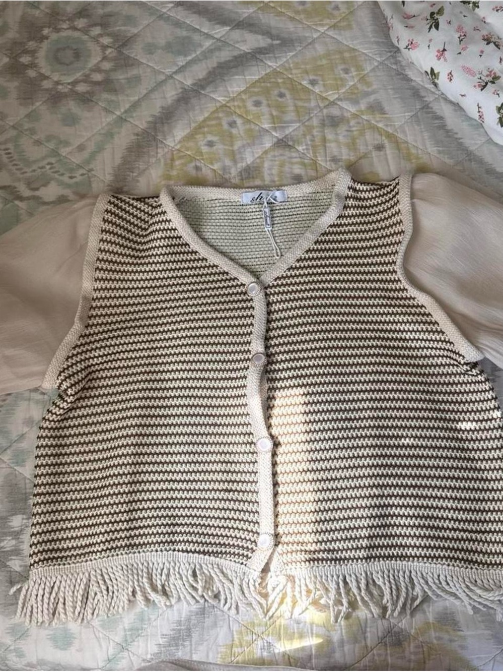 Fringed Knit Button-Front Vest in Cream and Brown